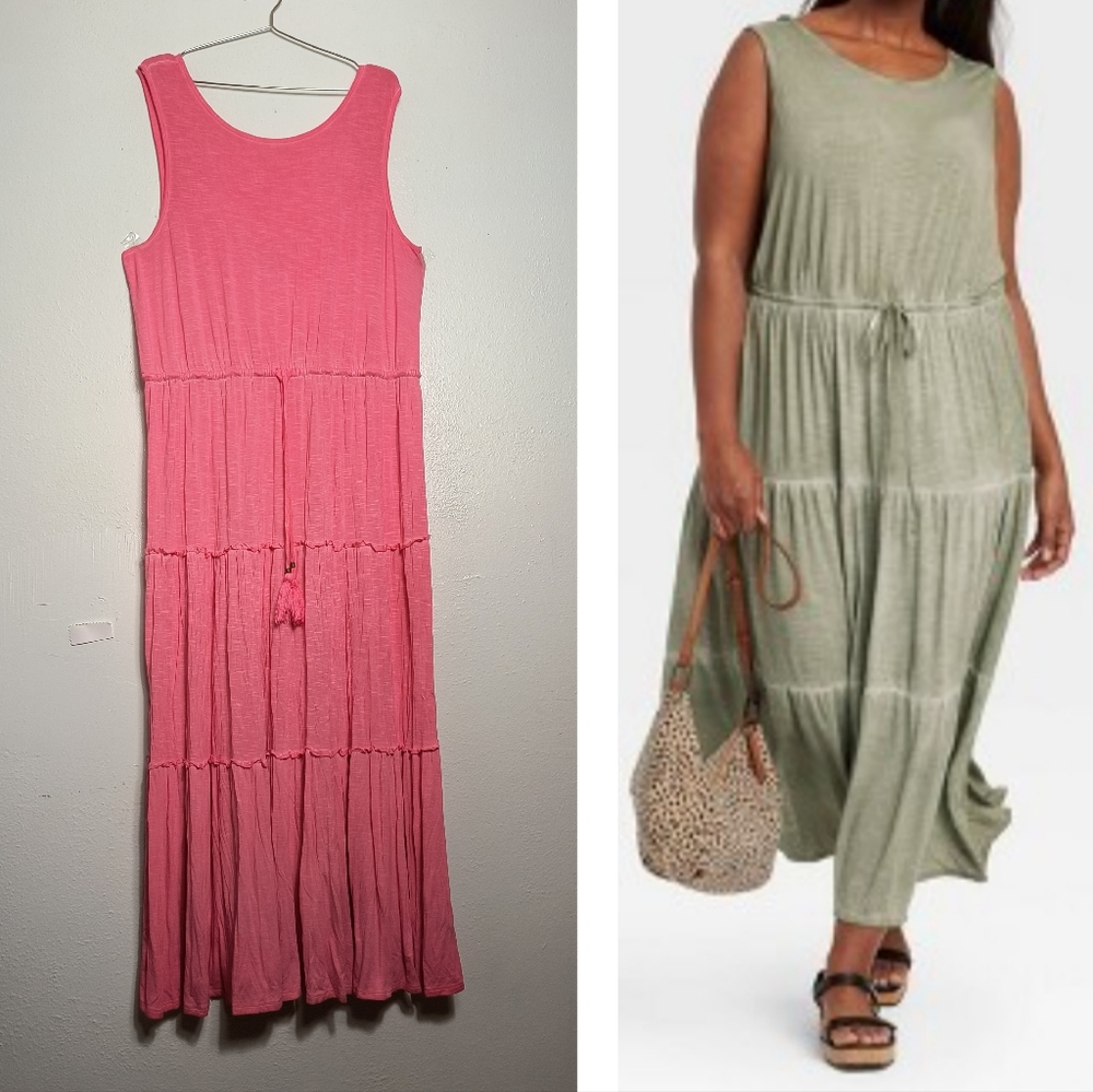 Knox Rose XXL Salmon Pink Midi Tiered Dress Bohemian Resort Wear Casual